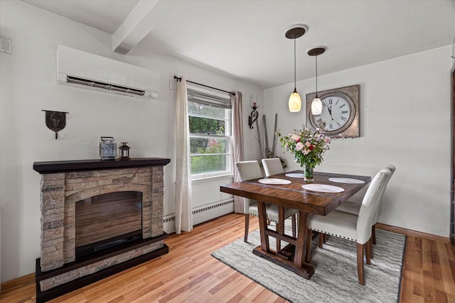 9230 W Auer Ave, Milwaukee, WI 53222 - dining area with a wall mounted air conditioner, a baseboard heating unit, beam ceiling, wood finished floors, and a stone fireplace