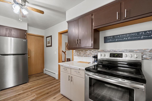 9230 W Auer Ave, Milwaukee, WI 53222 - kitchen featuring appliances with stainless steel finishes, baseboard heating, light countertops, ceiling fan, and tasteful backsplash