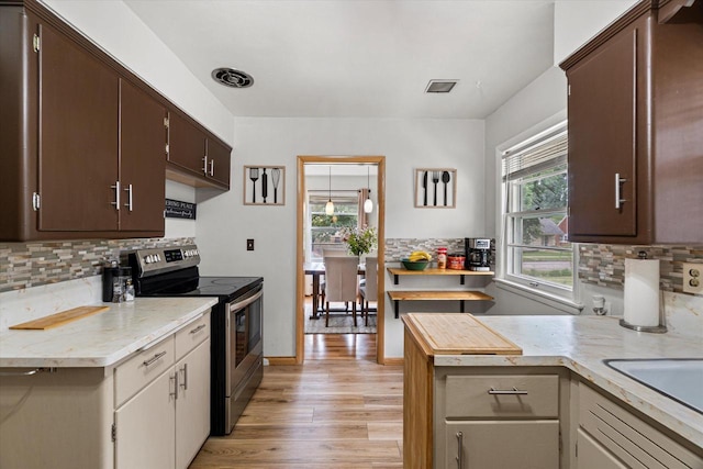 9230 W Auer Ave, Milwaukee, WI 53222 - kitchen featuring stainless steel range with electric cooktop, light countertops, light wood-style floors, and dark brown cabinetry