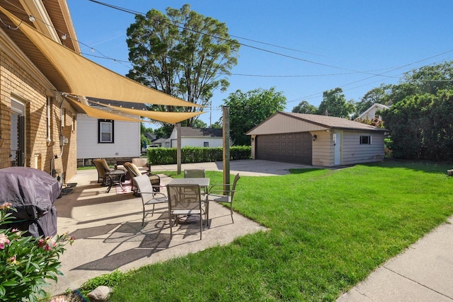 1441 N 66th St, Wauwatosa, WI 53213 - view of green lawn featuring an outdoor structure, a detached garage, and a patio area