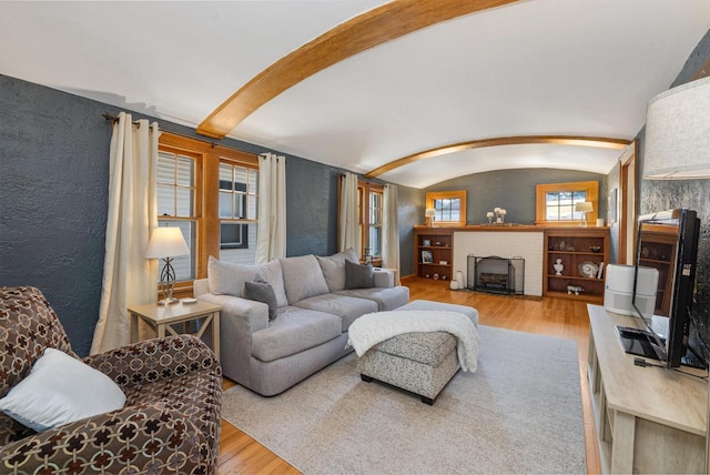 1441 N 66th St, Wauwatosa, WI 53213 - living area with light wood finished floors, vaulted ceiling, and a fireplace