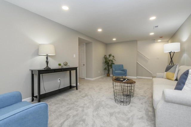 WW151N8656 Marshall Dr, Menomonee Falls, WI 53051 - living room featuring light colored carpet, stairway, and recessed lighting