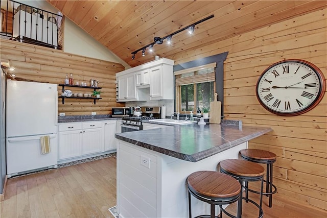 5683N Ham-Holly Dr, Stone Lake, WI 54876 - kitchen with stainless steel appliances, track lighting, open shelves, dark countertops, and a peninsula