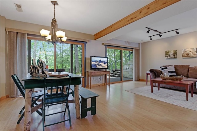 5683N Ham-Holly Dr, Stone Lake, WI 54876 - dining space featuring a chandelier, light wood-type flooring, and rail lighting