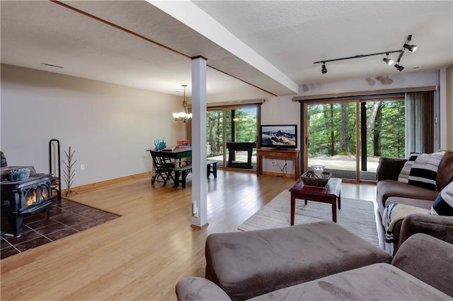 5683N Ham-Holly Dr, Stone Lake, WI 54876 - living room featuring a wood stove, a chandelier, wood finished floors, rail lighting, and a textured ceiling