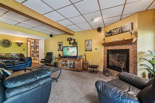 8216 Anna Ave, Wind Lake, WI 53185 - carpeted living room with a paneled ceiling and a tiled fireplace