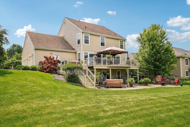 8216 Anna Ave, Wind Lake, WI 53185 - rear view of property with a hot tub, a wooden deck, a patio area, and a lawn