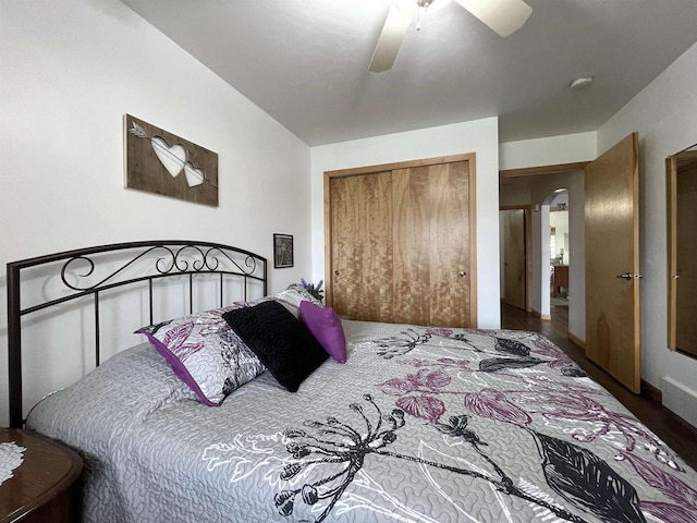 1216 Pond View Cir, De Pere, WI 54115 - bedroom with a closet, wood finished floors, a ceiling fan, and arched walkways