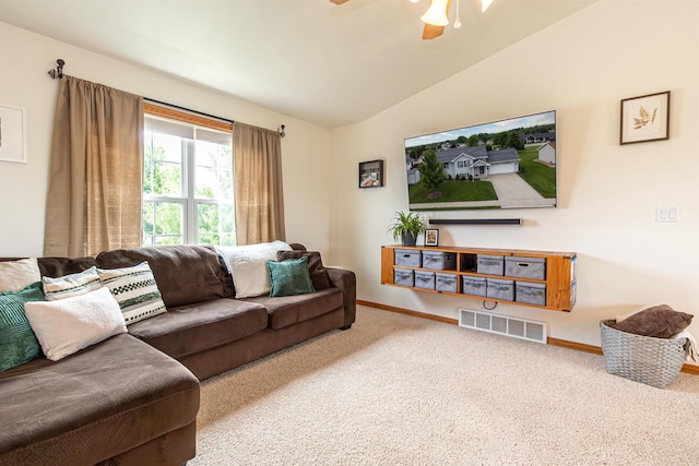 2137 Olde Country Cir, Kaukauna, WI 54130 - living area with carpet, vaulted ceiling, and ceiling fan