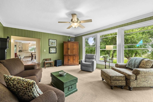 1242 E Edgewood Dr, Appleton, WI 54913 - carpeted living room featuring a ceiling fan, plenty of natural light, and ornamental molding