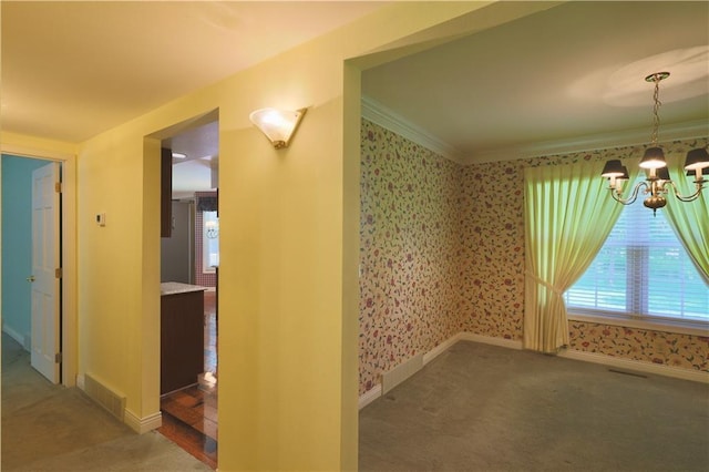 1410 Forest Knoll Ct, Eau Claire, WI 54701 - unfurnished dining area with a chandelier, wallpapered walls, crown molding, and carpet floors