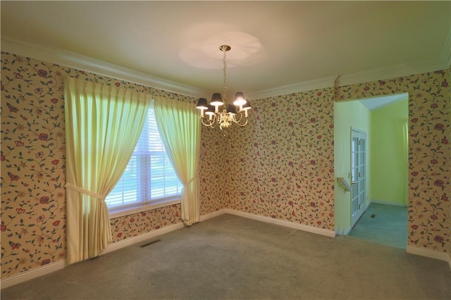1410 Forest Knoll Ct, Eau Claire, WI 54701 - unfurnished room featuring a chandelier, wallpapered walls, crown molding, and carpet