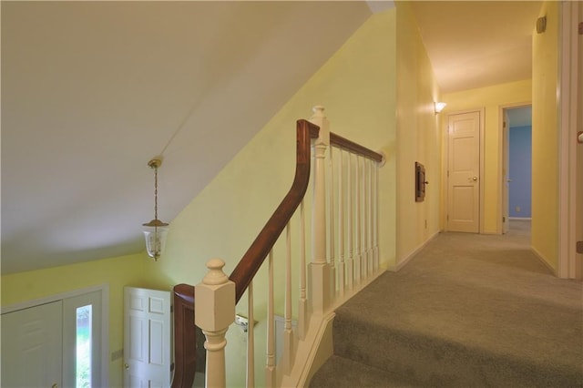 1410 Forest Knoll Ct, Eau Claire, WI 54701 - staircase featuring carpet and lofted ceiling
