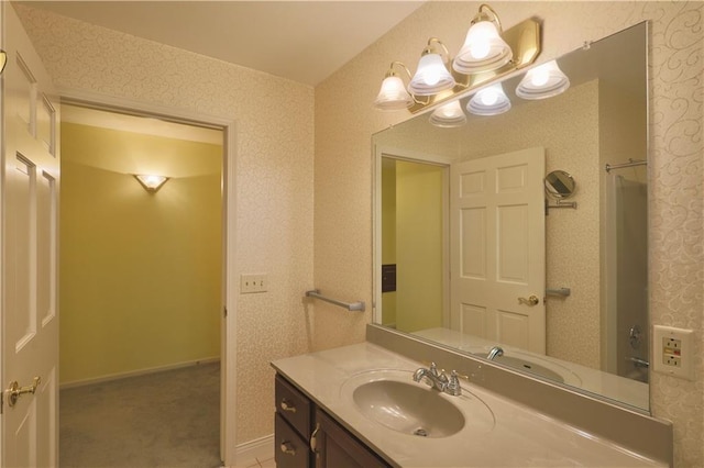 1410 Forest Knoll Ct, Eau Claire, WI 54701 - full bathroom with vanity, a chandelier, a shower, and wallpapered walls