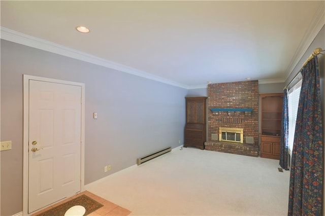 1410 Forest Knoll Ct, Eau Claire, WI 54701 - unfurnished living room with baseboard heating, crown molding, a brick fireplace, carpet flooring, and recessed lighting