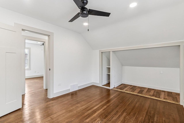 1617 69th St, Kenosha, WI 53143 - additional living space with vaulted ceiling, a ceiling fan, wood finished floors, built in features, and recessed lighting