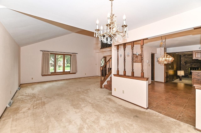 7701 W Coventry Dr, Franklin, WI 53132 - unfurnished living room featuring a chandelier, stairs, and carpet floors