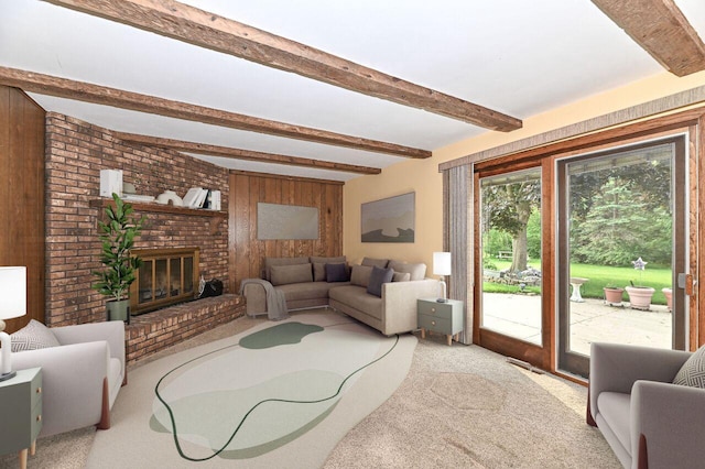 7701 W Coventry Dr, Franklin, WI 53132 - carpeted living area with wood walls, beam ceiling, and a brick fireplace