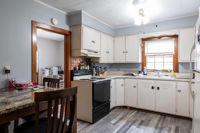 722 Avon St, La Crosse, WI 54603 - kitchen featuring range with electric cooktop, under cabinet range hood, light wood-style floors, a ceiling fan, and white cabinets