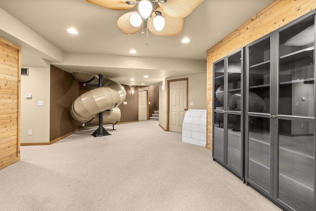 1022 Cortland Ln, Stevens Point, WI 54482 - exercise area featuring carpet flooring, ceiling fan, and recessed lighting