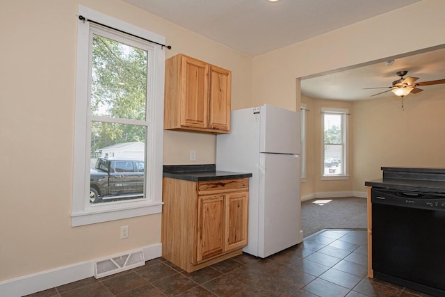 604 Wilson St, Winona, MN 55987 - kitchen with black dishwasher, freestanding refrigerator, dark countertops, ceiling fan, and dark tile patterned floors