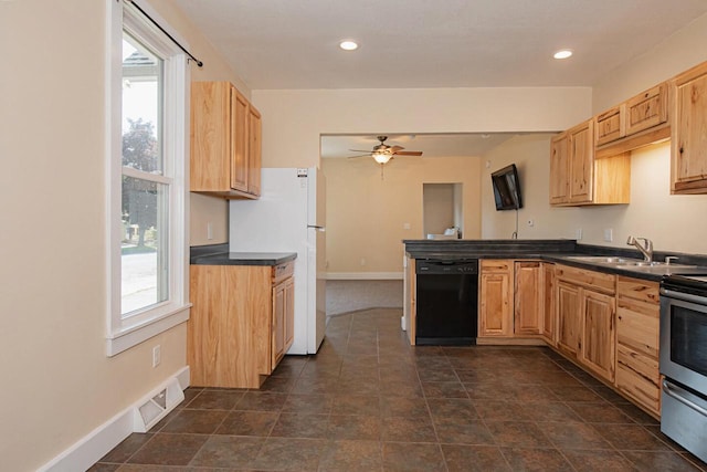 604 Wilson St, Winona, MN 55987 - kitchen featuring dishwasher, dark countertops, healthy amount of natural light, ceiling fan, and recessed lighting