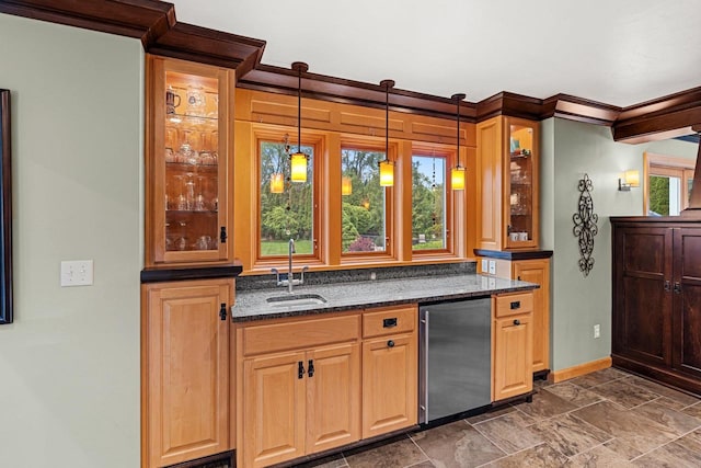 260 S Clay St, De Pere, WI 54115 - indoor wet bar featuring refrigerator, decorative light fixtures, and dark stone finish flooring