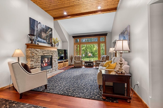 260 S Clay St, De Pere, WI 54115 - living area with wood finished floors, a stone fireplace, wood ceiling, and high vaulted ceiling