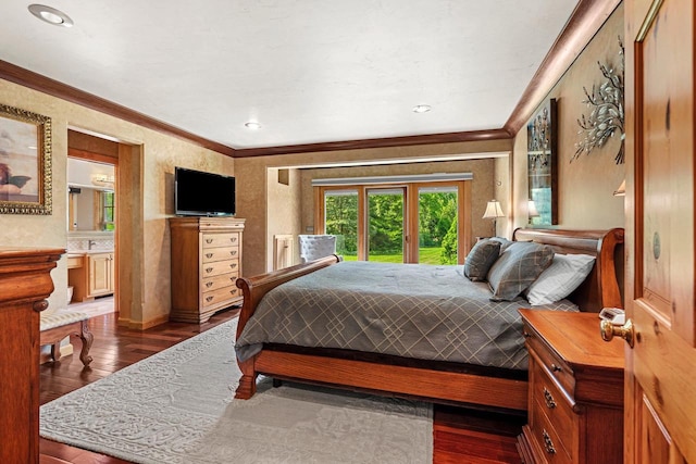 260 S Clay St, De Pere, WI 54115 - bedroom with ornamental molding, dark wood finished floors, access to outside, recessed lighting, and connected bathroom