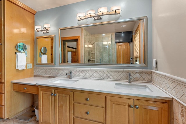 260 S Clay St, De Pere, WI 54115 - bathroom featuring double vanity, a stall shower, and decorative backsplash