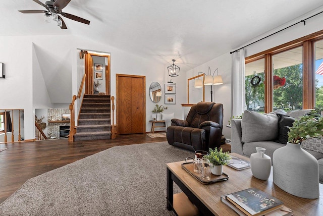 4814 Placid Way, New Franken, WI 54229 - living room with lofted ceiling, wood finished floors, ceiling fan, and stairway