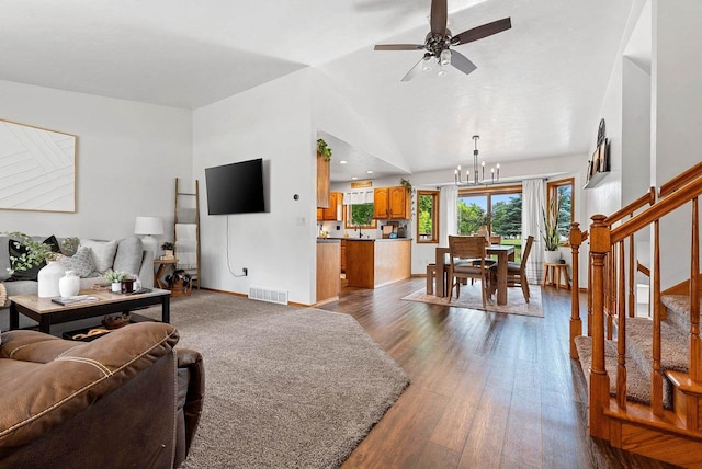 4814 Placid Way, New Franken, WI 54229 - living room with a chandelier, lofted ceiling, ceiling fan, dark wood-style floors, and stairway