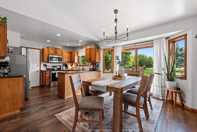 4814 Placid Way, New Franken, WI 54229 - dining space with dark wood-type flooring, a chandelier, recessed lighting, and lofted ceiling