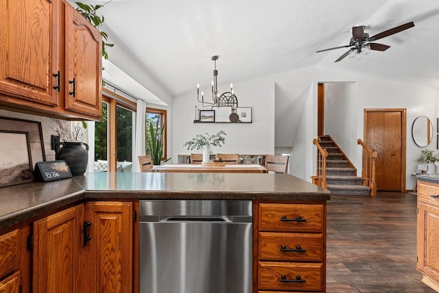 4814 Placid Way, New Franken, WI 54229 - kitchen featuring dishwasher, lofted ceiling, dark wood-style flooring, brown cabinetry, and a peninsula