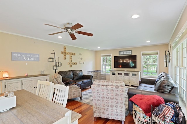 511 Wisconsin River Dr, Port Edwards, WI 54469 - living room featuring ornamental molding, wood finished floors, a ceiling fan, and recessed lighting