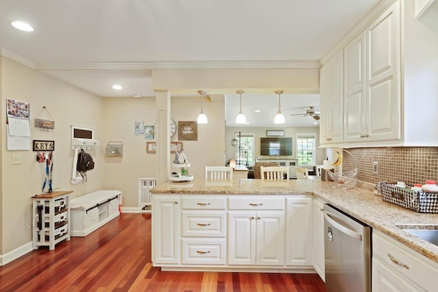 511 Wisconsin River Dr, Port Edwards, WI 54469 - kitchen with dishwasher, a peninsula, a ceiling fan, dark wood-style floors, and ornamental molding
