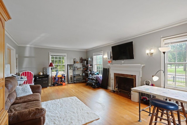 511 Wisconsin River Dr, Port Edwards, WI 54469 - living room with ornamental molding, light wood-style floors, and a brick fireplace