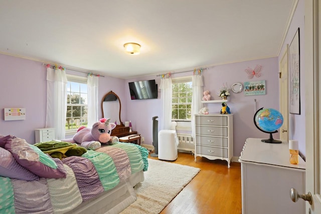 511 Wisconsin River Dr, Port Edwards, WI 54469 - bedroom with radiator, light wood-style flooring, and crown molding