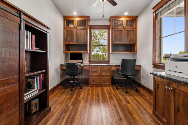 W9336 Lucy Ln, Hortonville, WI 54944 - home office with built in desk, a ceiling fan, dark wood-style floors, and recessed lighting