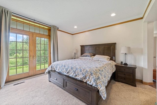 3287 E Old Highway 105, Superior, WI 54880 - bedroom with french doors, light colored carpet, crown molding, and recessed lighting