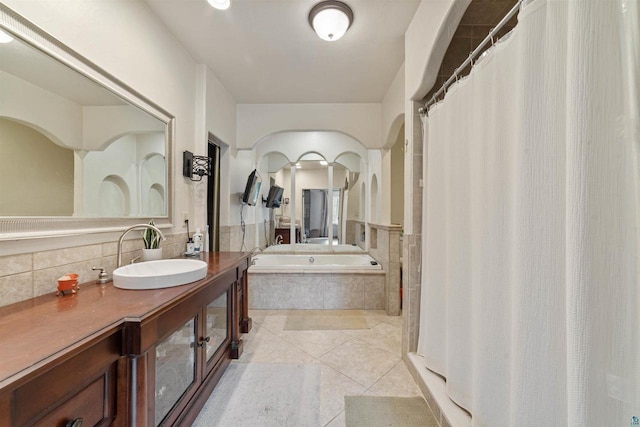 3287 E Old Highway 105, Superior, WI 54880 - bathroom with a bath, vanity, tile patterned floors, a shower with curtain, and backsplash