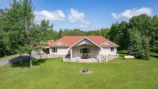3287 E Old Highway 105, Superior, WI 54880 - rear view of house featuring stucco siding, a lawn, and a patio area