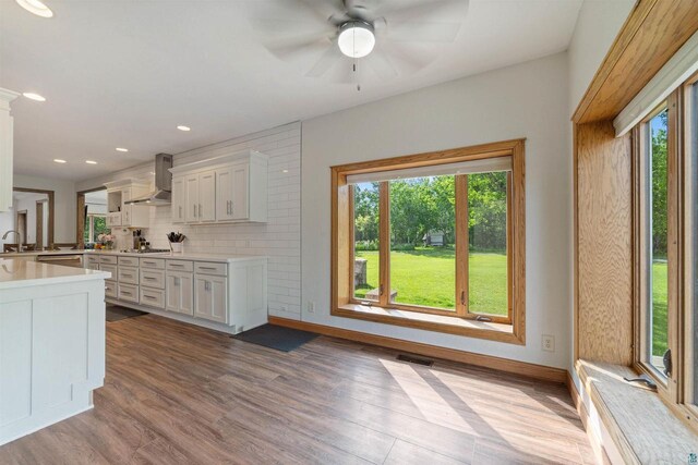 3287 E Old Highway 105, Superior, WI 54880 - kitchen with wall chimney exhaust hood, healthy amount of natural light, ceiling fan, tasteful backsplash, and recessed lighting