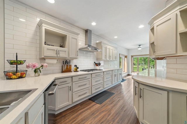 3287 E Old Highway 105, Superior, WI 54880 - kitchen featuring wall chimney exhaust hood, stainless steel appliances, dark wood-style floors, a ceiling fan, and recessed lighting
