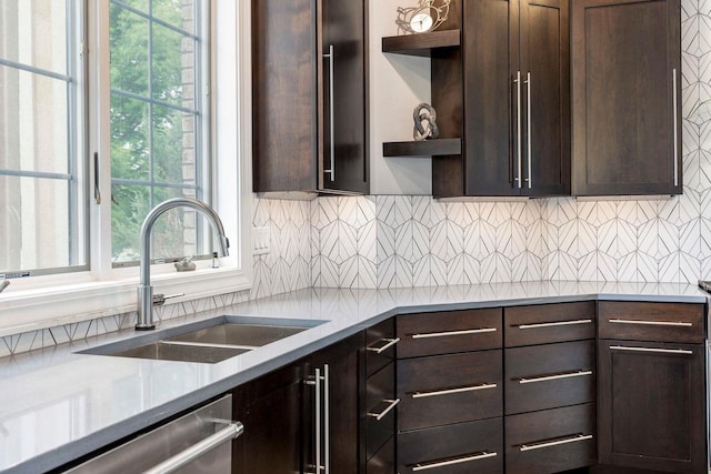 W1977 Center Valley Rd, Kaukauna, WI 54130 - kitchen with open shelves, dishwasher, dark brown cabinets, and decorative backsplash