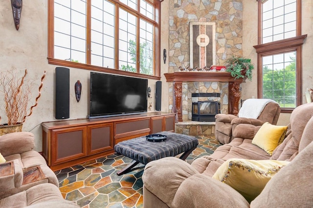 W1977 Center Valley Rd, Kaukauna, WI 54130 - living area featuring a high ceiling and stone floors
