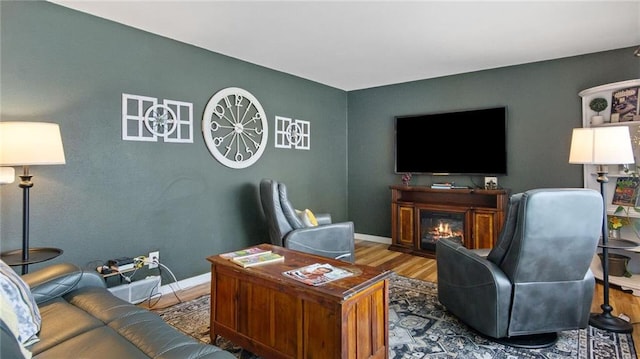 12901 7th St, Osseo, WI 54758 - living room featuring a glass covered fireplace and wood finished floors