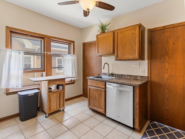2221 N 60th St, Milwaukee, WI 53208 - kitchen with stainless steel dishwasher, ceiling fan, dark countertops, brown cabinetry, and light tile patterned floors