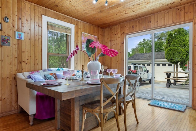128 Maple Ave, Hartland, WI 53029 - dining room featuring plenty of natural light, wooden walls, wood ceiling, and hardwood / wood-style flooring