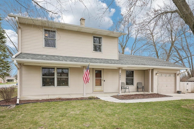 3901 Western Way, Racine, WI 53404 - traditional home with a garage, a chimney, a porch, driveway, and a shingled roof